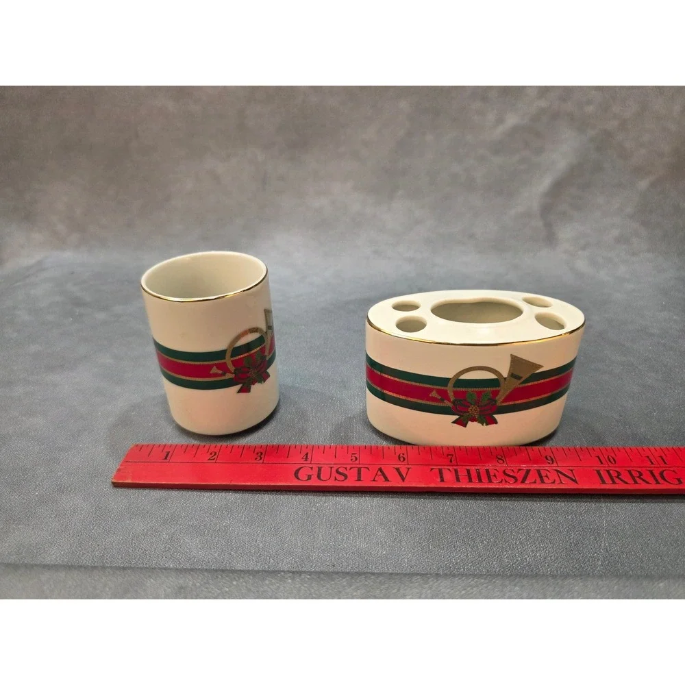 Vintage Christmas Ceramic Toothbrush Holder and Tumbler Set Gold Horn Japan